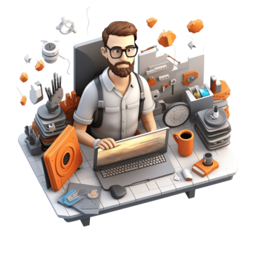 Isometric illustration of modern technology and business growth, orange and white color palette, 3D elements, corporate innovation theme